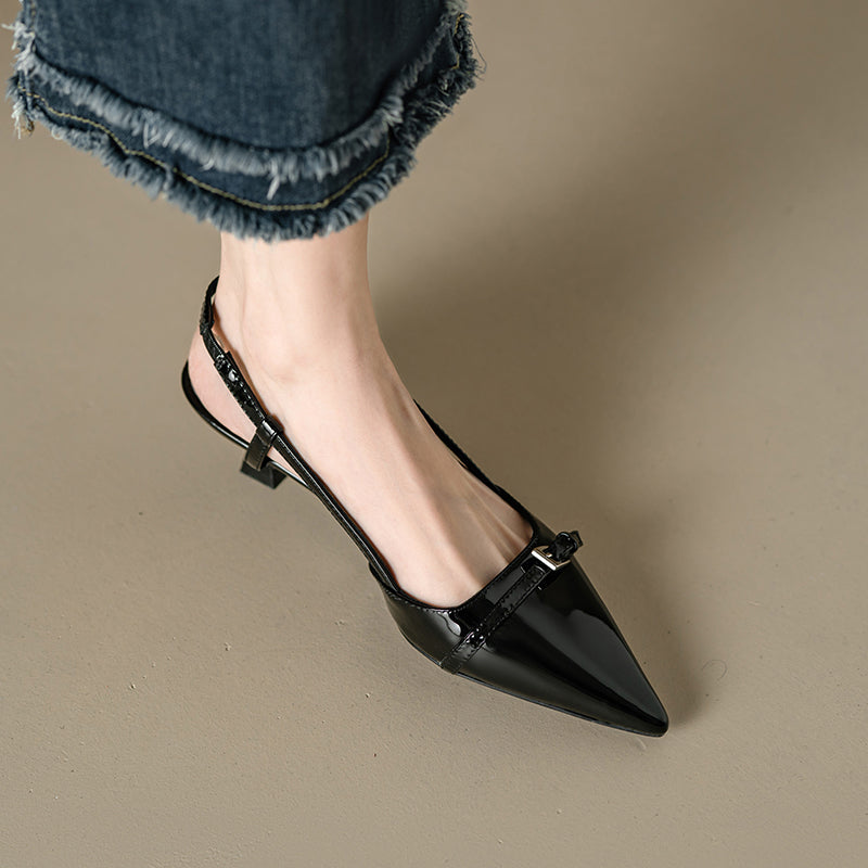 Leather Pointed Toe Kitten Heel Slingback Pumps with Buckled Straps