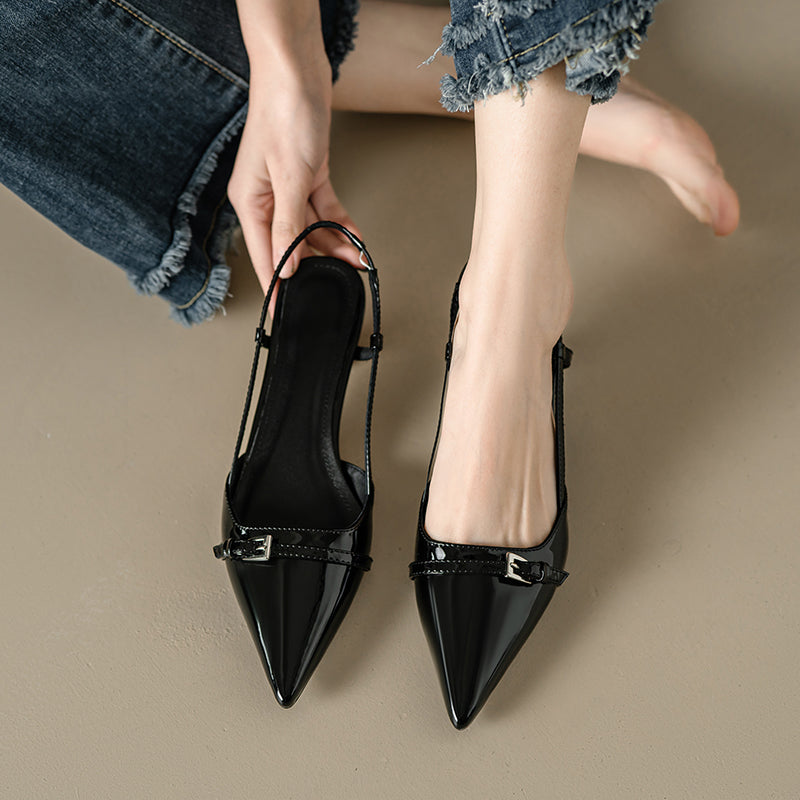 Leather Pointed Toe Kitten Heel Slingback Pumps with Buckled Straps