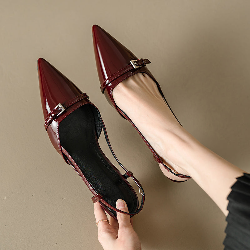 Leather Pointed Toe Kitten Heel Slingback Pumps with Buckled Straps