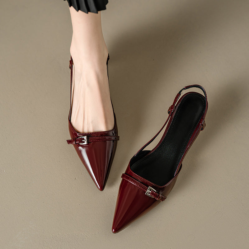 Leather Pointed Toe Kitten Heel Slingback Pumps with Buckled Straps