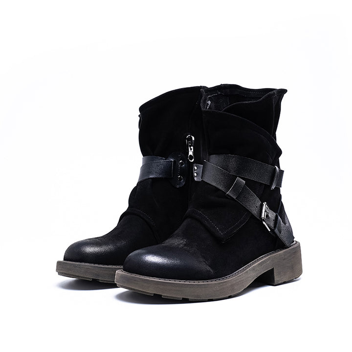 Womens Genuine Leather Classic Boots Low Heel Round Toe Buckle Ankle Boots