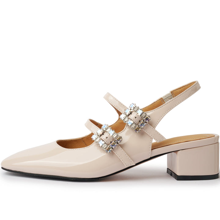 Womens Rhinestone Buckle Square Toe Slingback Pumps Heels