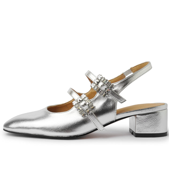 Womens Rhinestone Buckle Square Toe Slingback Pumps Heels