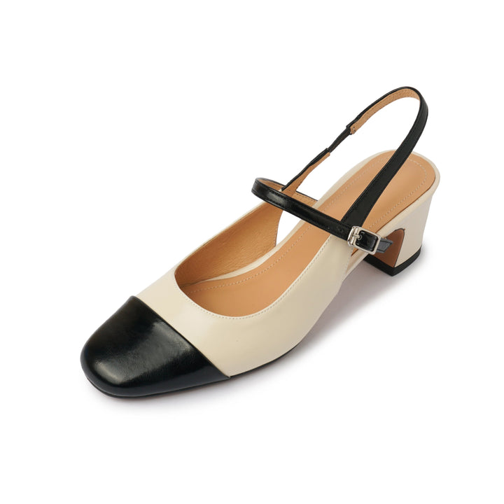 Women's Elegant French Patchwork Slip On Closed Toe Mid Heel Sandals