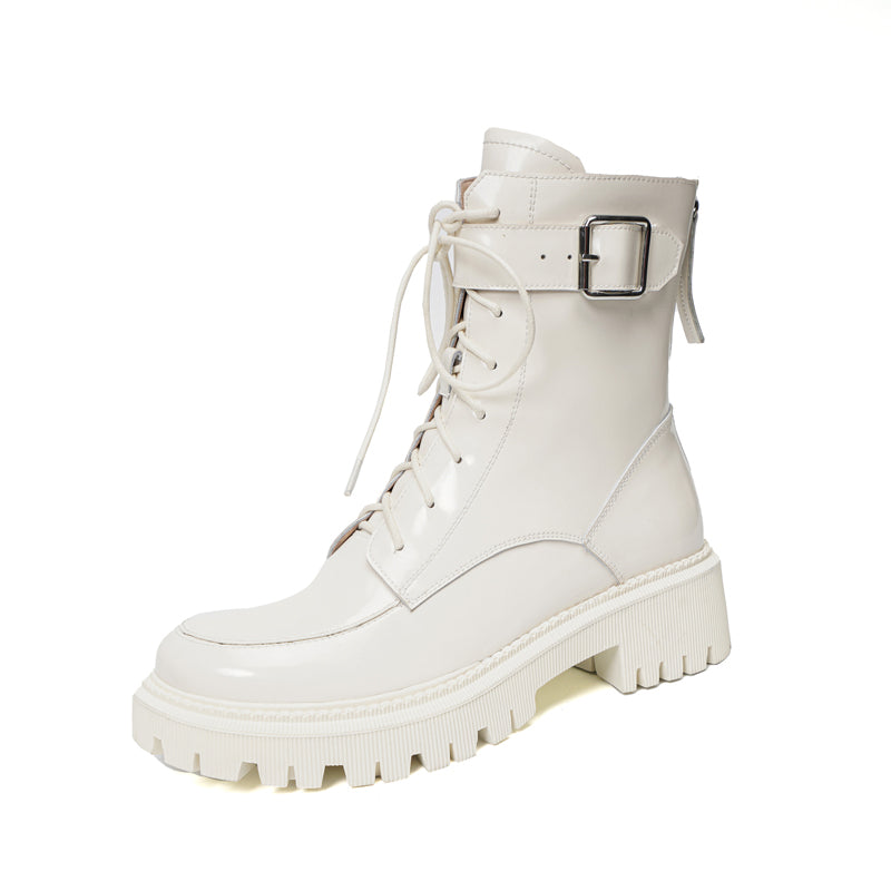 Womens Leather Combat Winter Fleece Lined Snow Boots