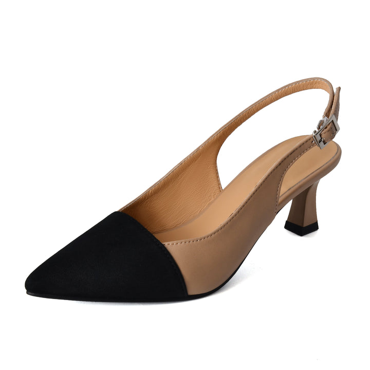 Women's Pointed Toe Genuine Leather Patchwork Kitten Heel Sandals