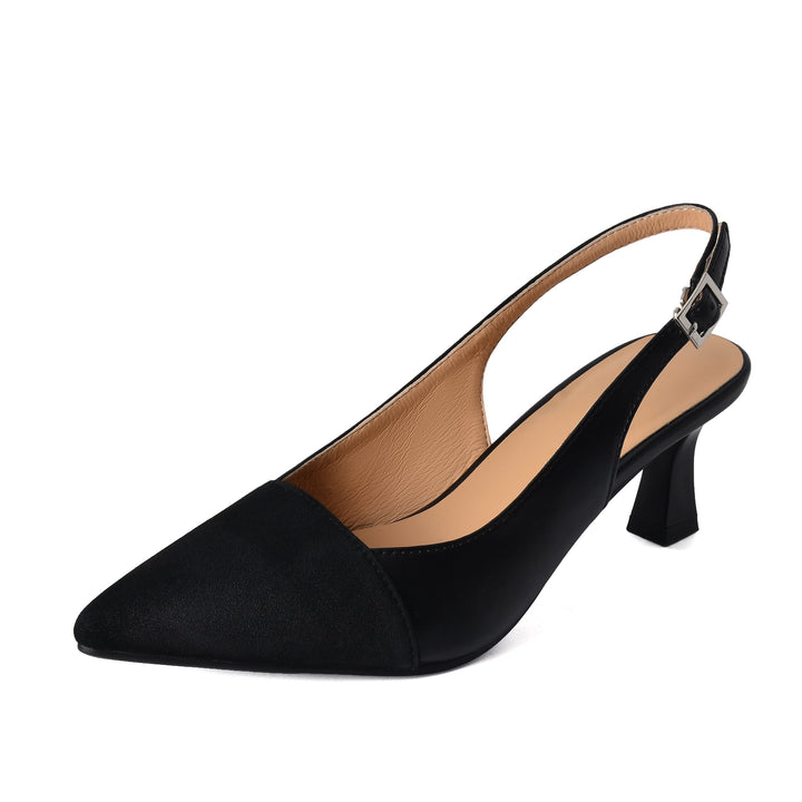Women's Pointed Toe Genuine Leather Patchwork Kitten Heel Sandals