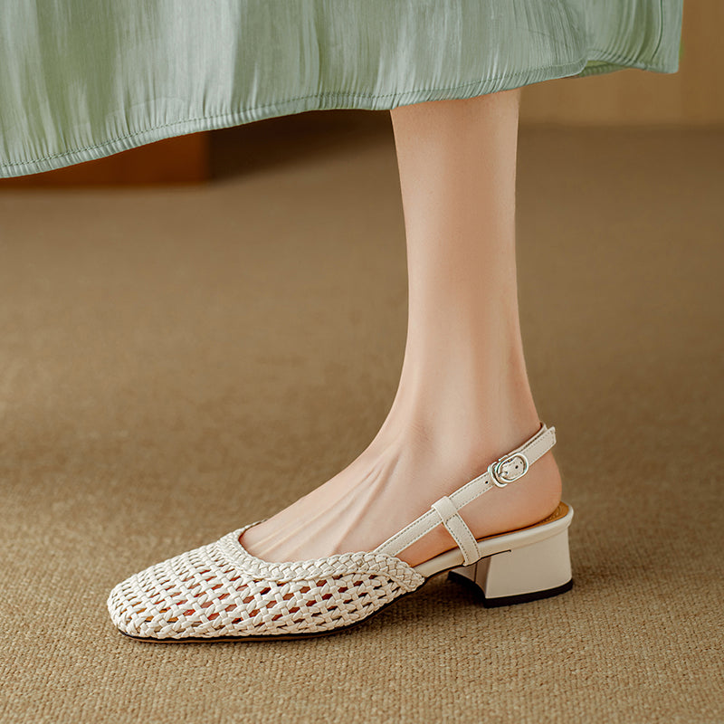 Women's Leather Stylish Hollow Out Slingback Block Heel Sandal
