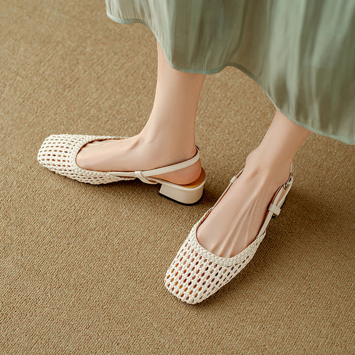 Women's Leather Stylish Hollow Out Slingback Block Heel Sandal