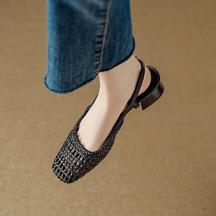 Women's Leather Stylish Hollow Out Slingback Block Heel Sandal