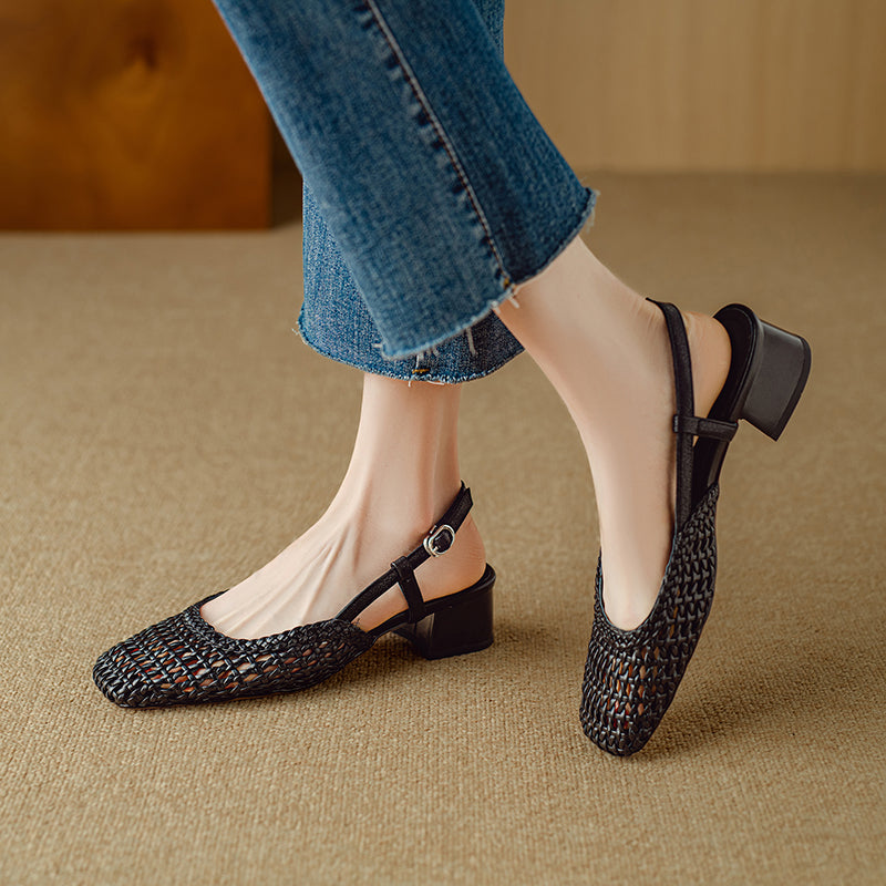 Women's Leather Stylish Hollow Out Slingback Block Heel Sandal