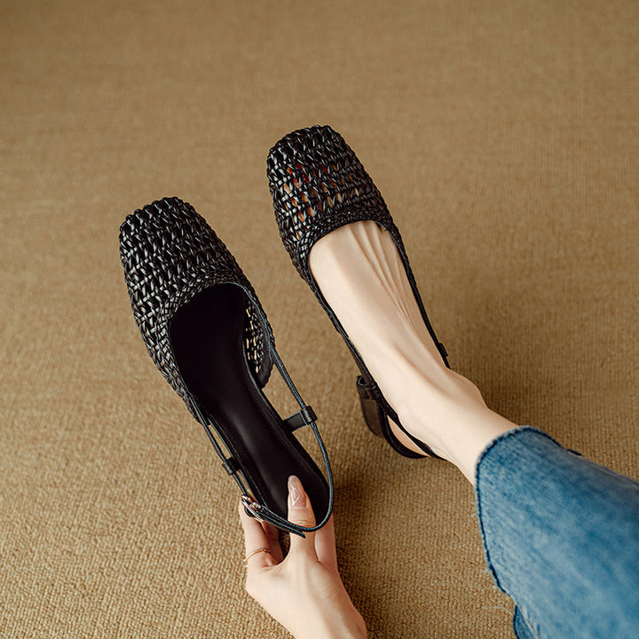 Women's Leather Stylish Hollow Out Slingback Block Heel Sandal