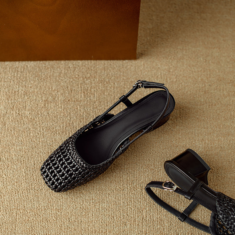 Women's Leather Stylish Hollow Out Slingback Block Heel Sandal