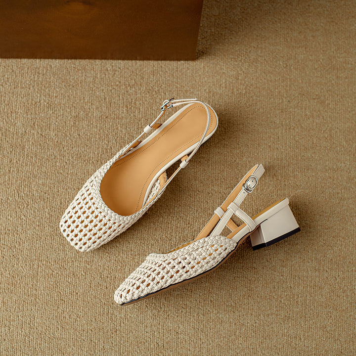 Women's Leather Stylish Hollow Out Slingback Block Heel Sandal