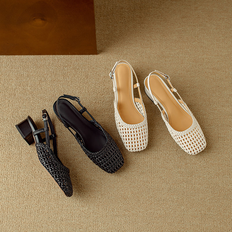 Women's Leather Stylish Hollow Out Slingback Block Heel Sandal