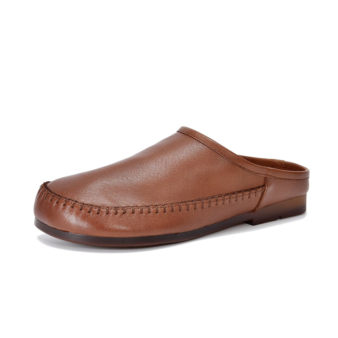 Women's Leather Flat Mules - Hand-Stitched Artisanal Design Retro Round Toe