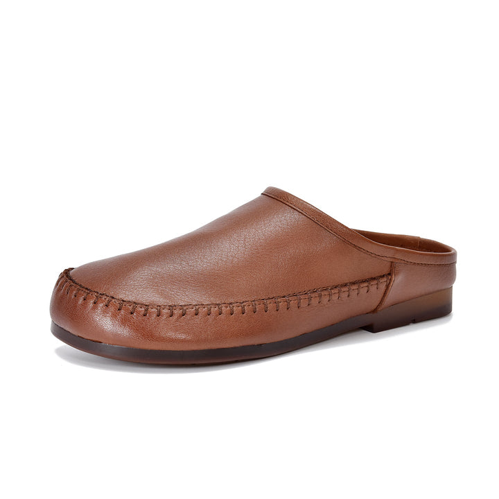 Women's Leather Flat Mules - Hand-Stitched Artisanal Design Retro Round Toe