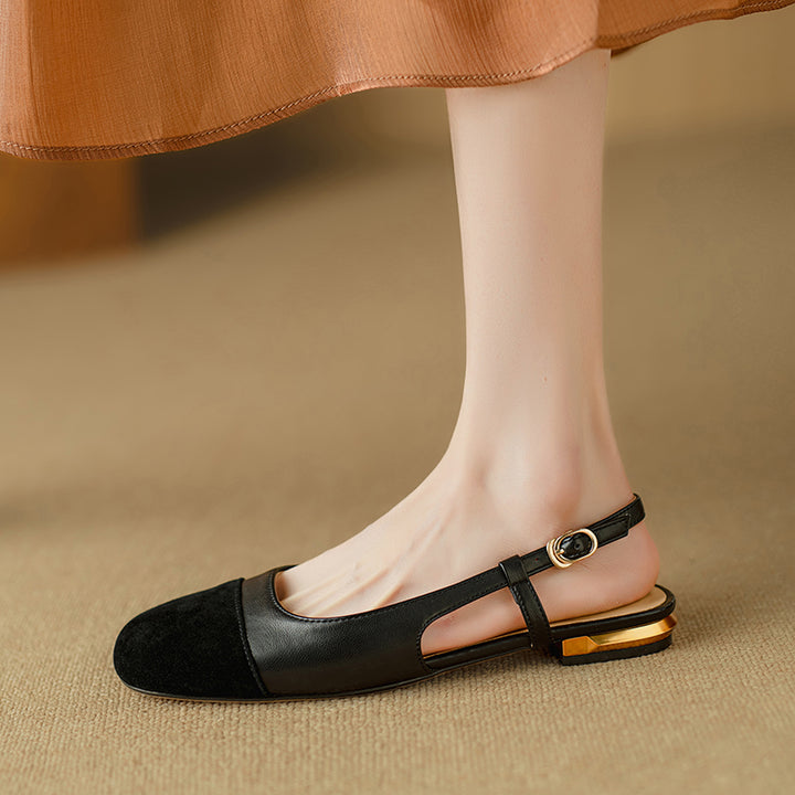 Patchwork Leather Square Toe Block Heels Slingback Shoes