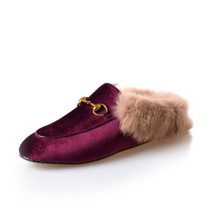 Womens Velvet Fur Slide Slip On Flat Mules