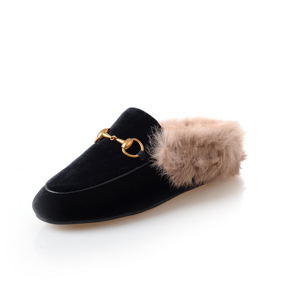 Womens Velvet Fur Slide Slip On Flat Mules