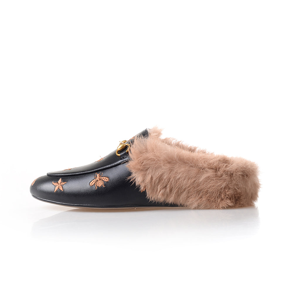 Women Horsebit Bee Star Embroidered Fur Mule Shoes