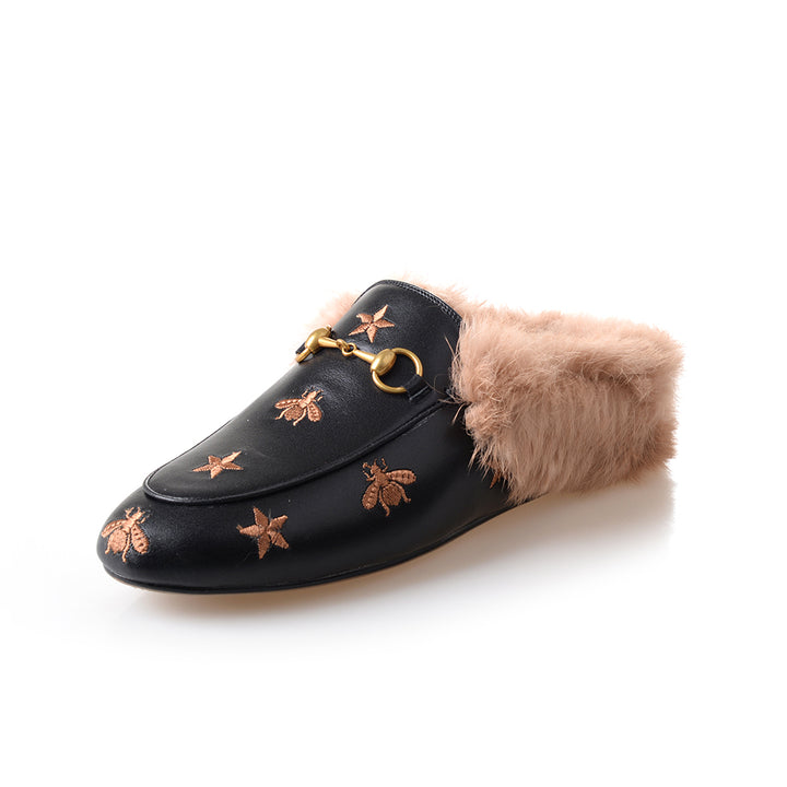 Women Horsebit Bee Star Embroidered Fur Mule Shoes