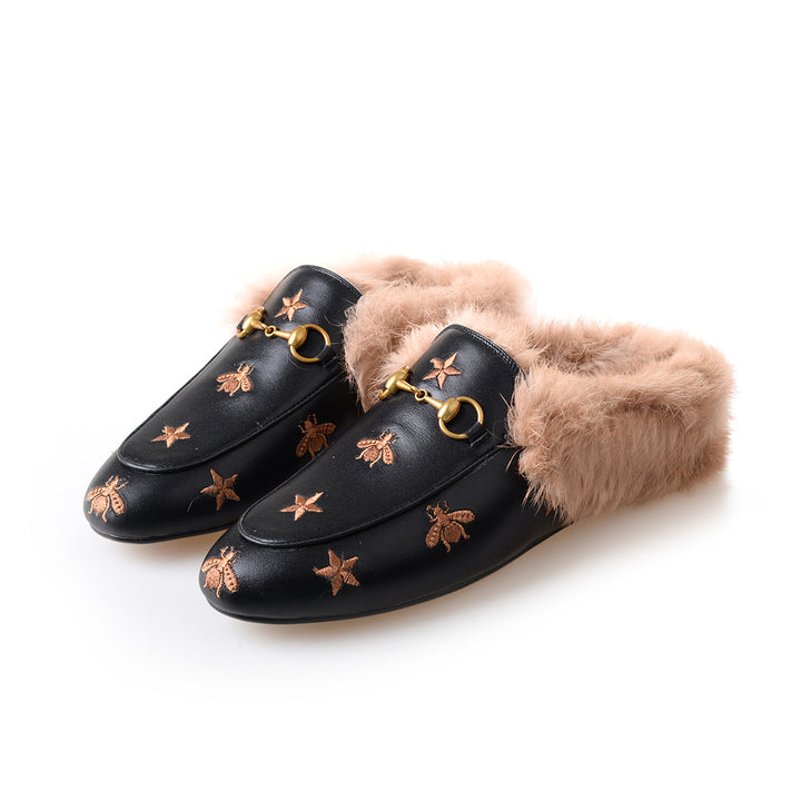 Women Horsebit Bee Star Embroidered Fur Mule Shoes