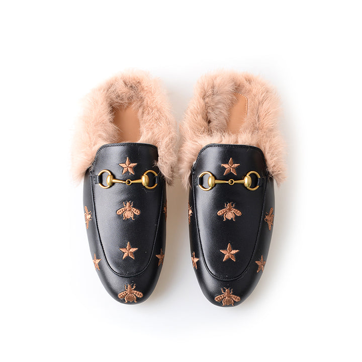 Women Horsebit Bee Star Embroidered Fur Mule Shoes