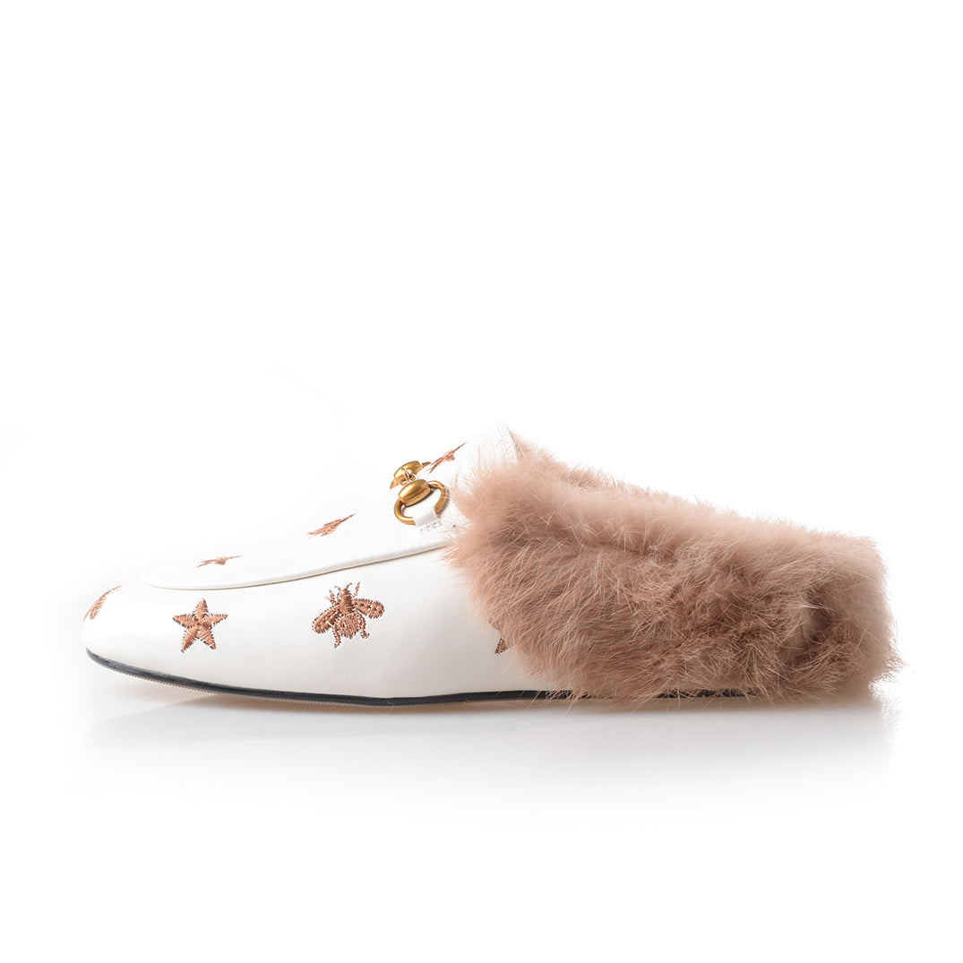 Women Horsebit Bee Star Embroidered Fur Mule Shoes