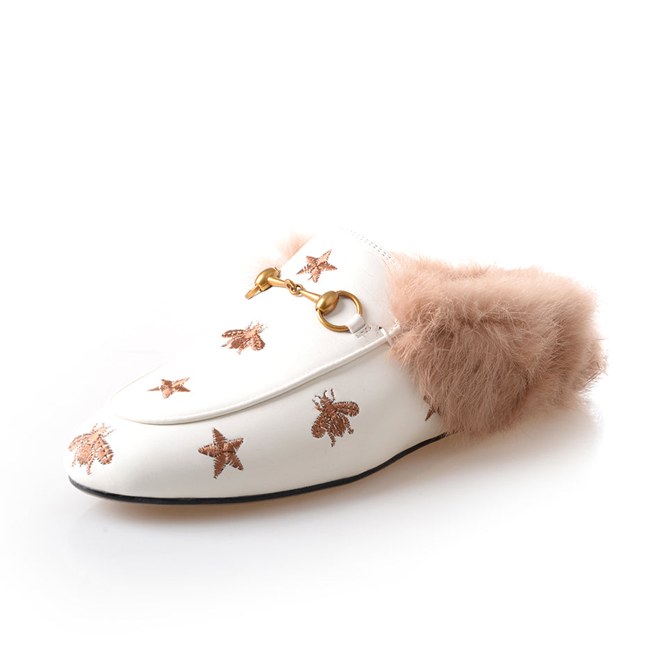 Women Horsebit Bee Star Embroidered Fur Mule Shoes