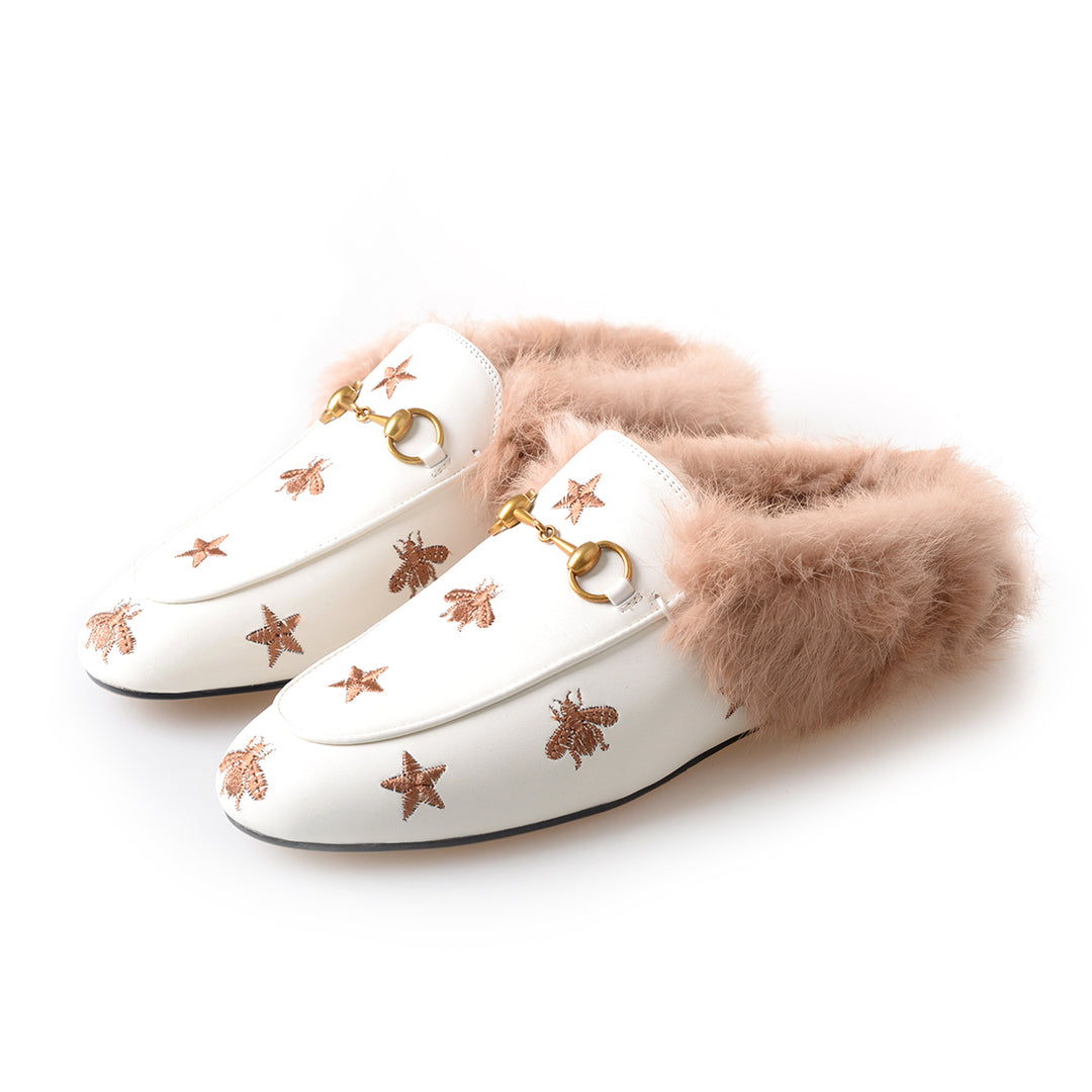 Women Horsebit Bee Star Embroidered Fur Mule Shoes