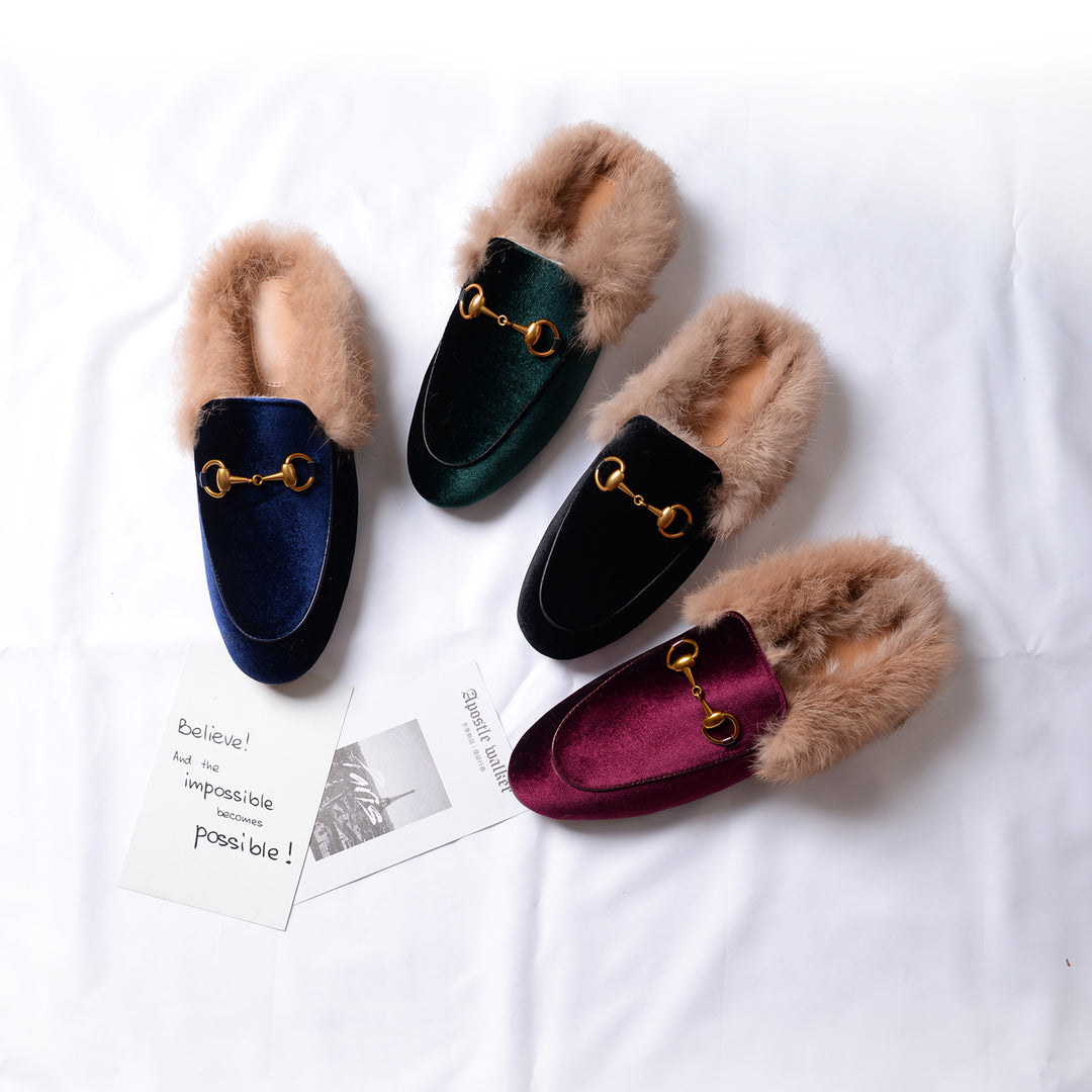 Womens Velvet Fur Slide Slip On Flat Mules