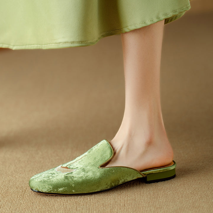 Flat Shoes Green With Hand Embroidered Leaf Velvet Mules