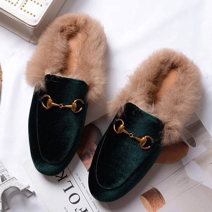 Womens Velvet Fur Slide Slip On Flat Mules