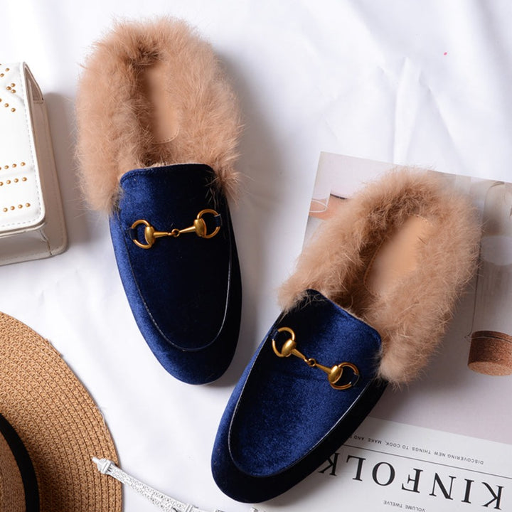 Womens Velvet Fur Slide Slip On Flat Mules