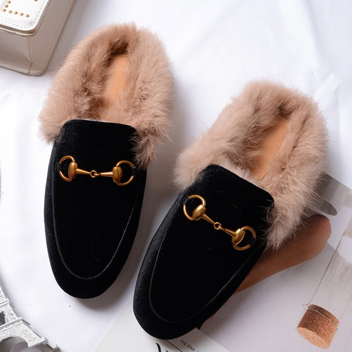 Womens Velvet Fur Slide Slip On Flat Mules