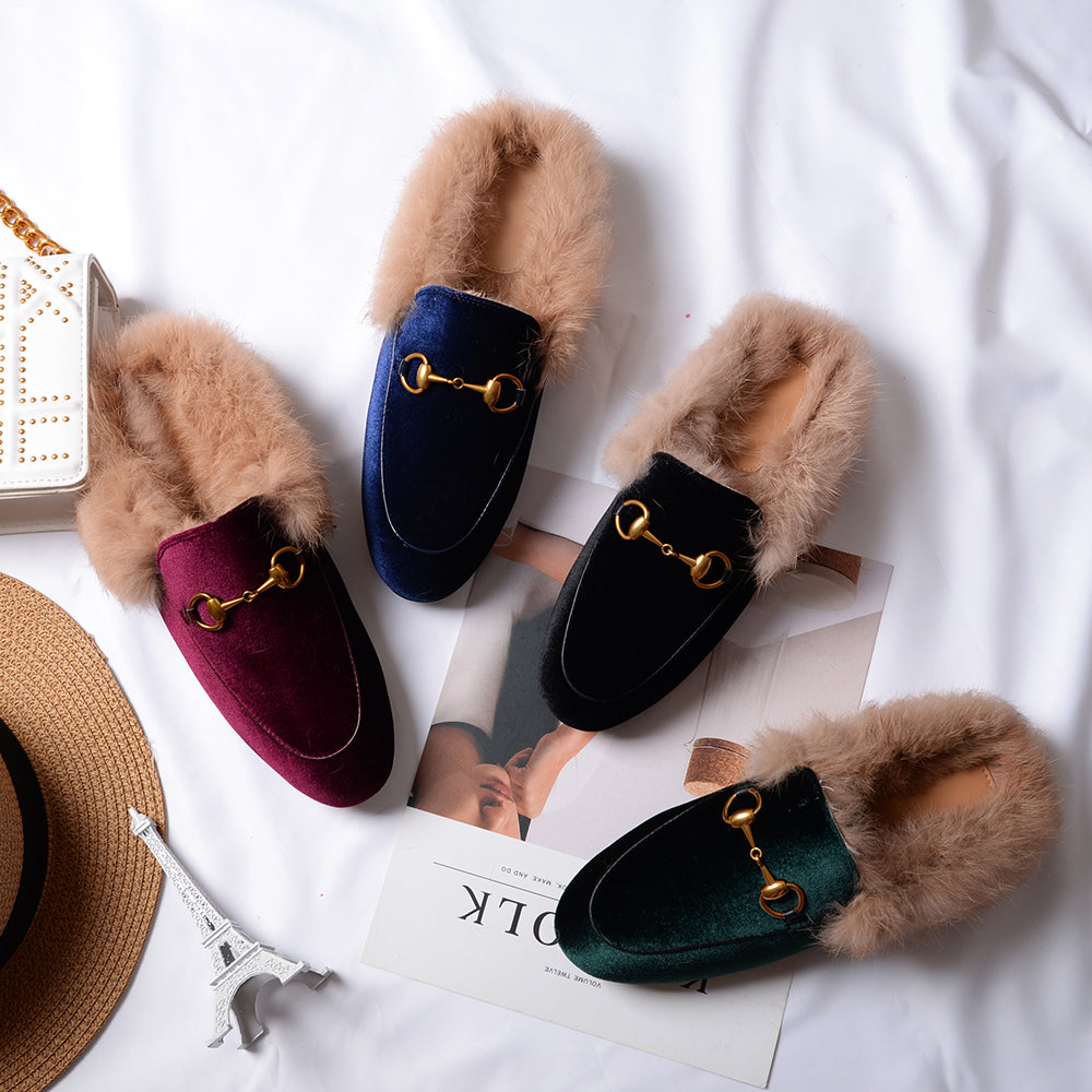 Womens Velvet Fur Slide Slip On Flat Mules