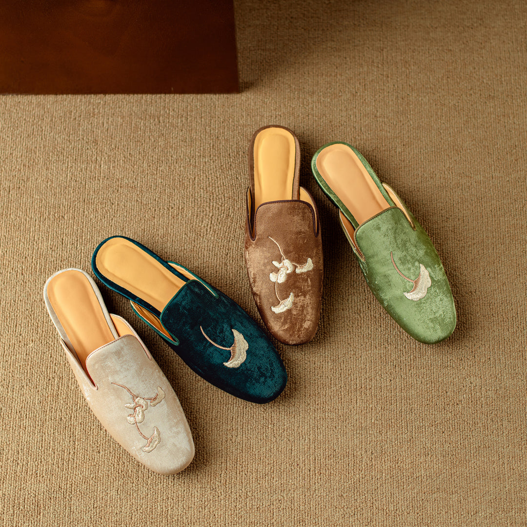 Flat Shoes Green With Hand Embroidered Leaf Velvet Loafers