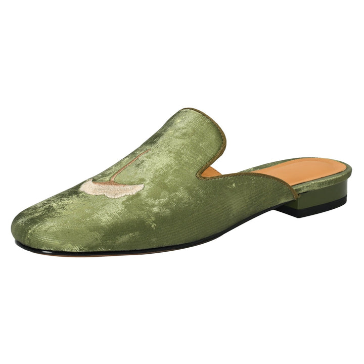 Flat Shoes Green With Hand Embroidered Leaf Velvet Loafers