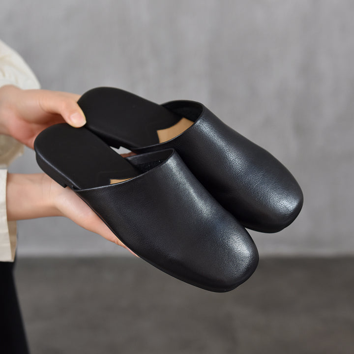 Women's Leather Flat Round-Toe Mules