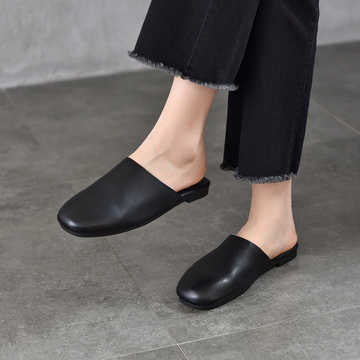 Women's Leather Flat Round-Toe Mules