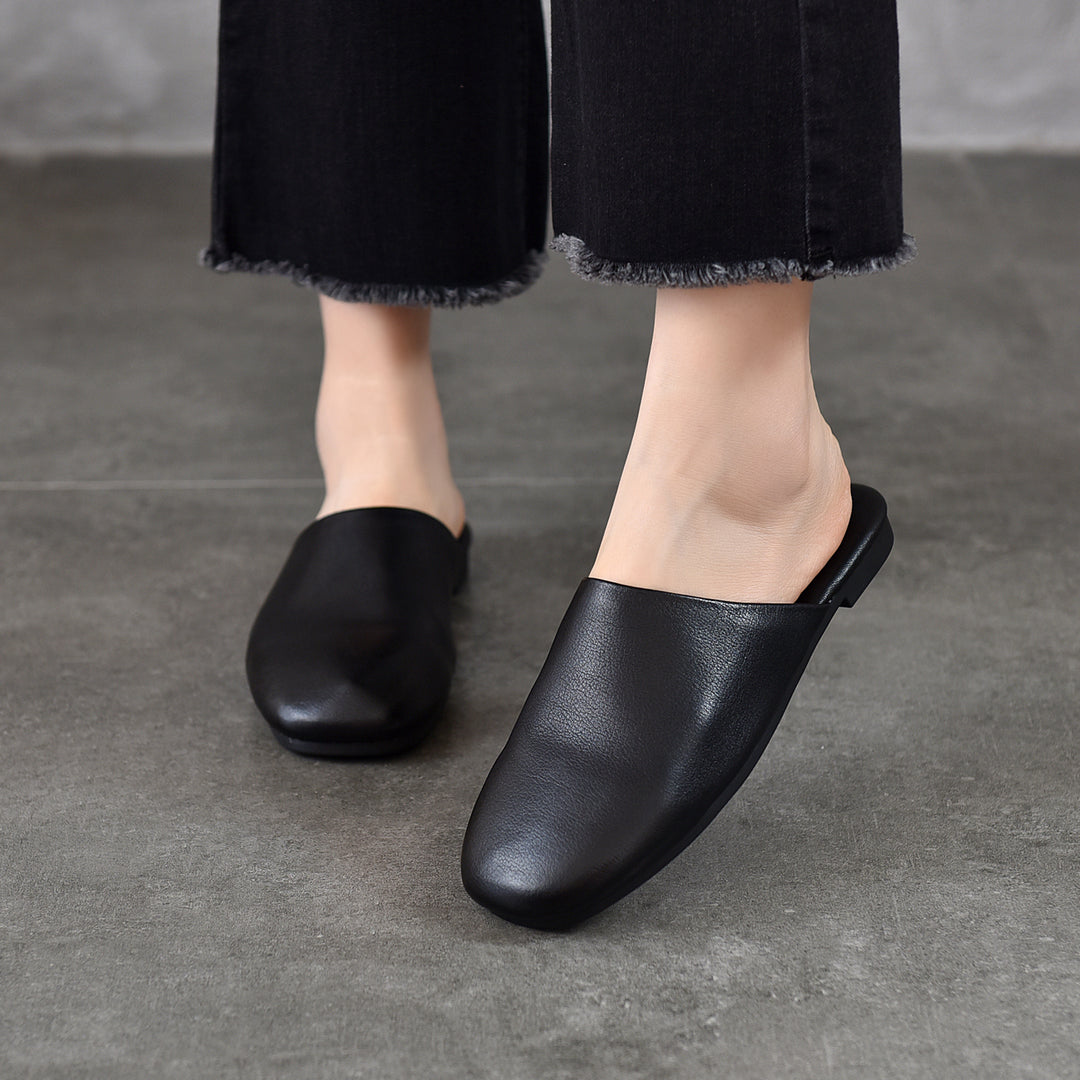 Women's Leather Flat Round-Toe Mules