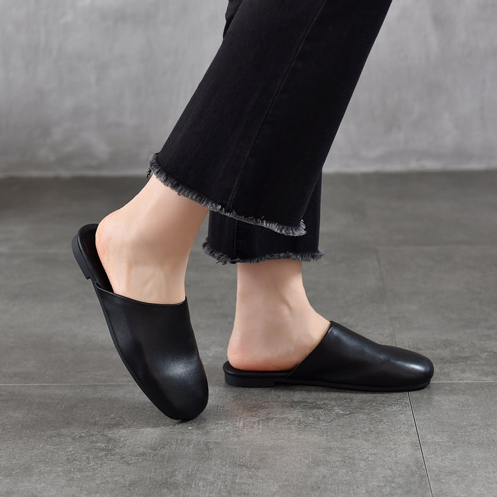 Women's Leather Flat Round-Toe Mules