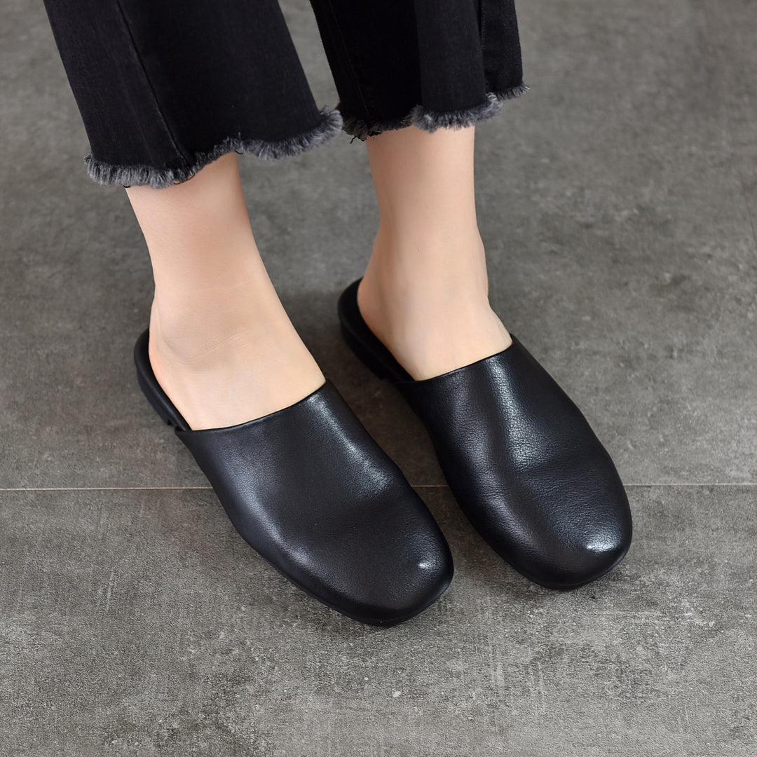 Women's Leather Flat Round-Toe Mules