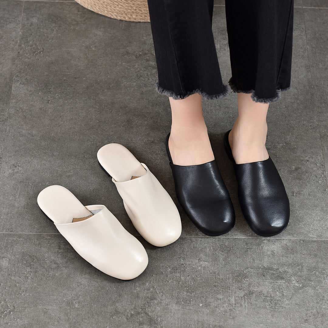 Women's Leather Flat Round-Toe Mules