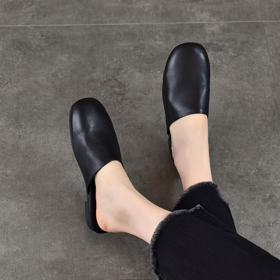 Women's Leather Flat Round-Toe Mules
