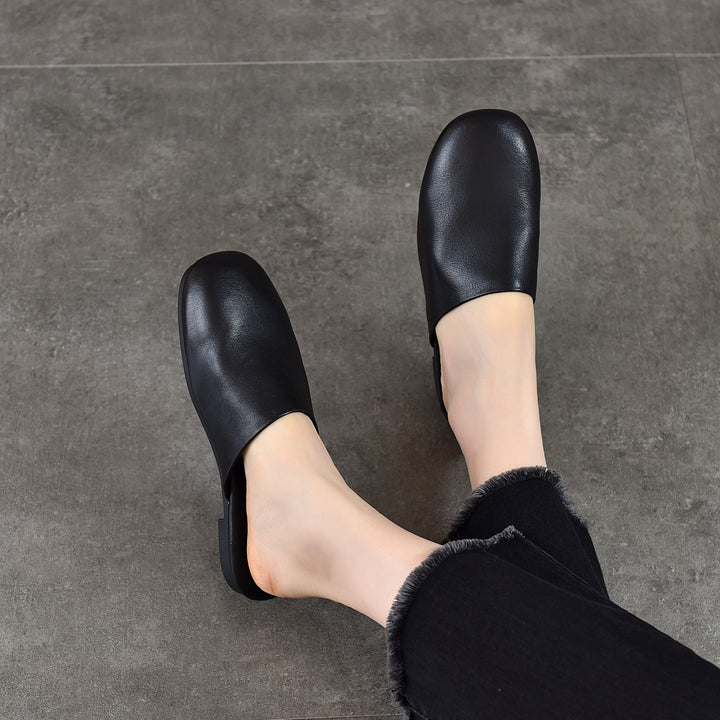 Women's Leather Flat Round-Toe Mules