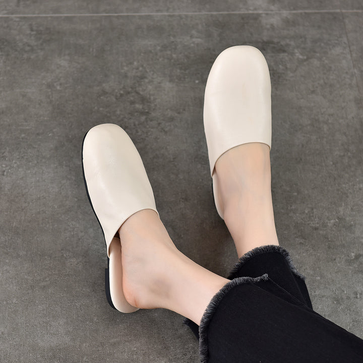 Women's Leather Flat Round-Toe Mules
