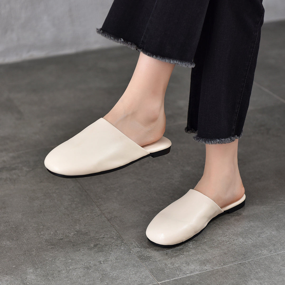Women's Leather Flat Round-Toe Mules