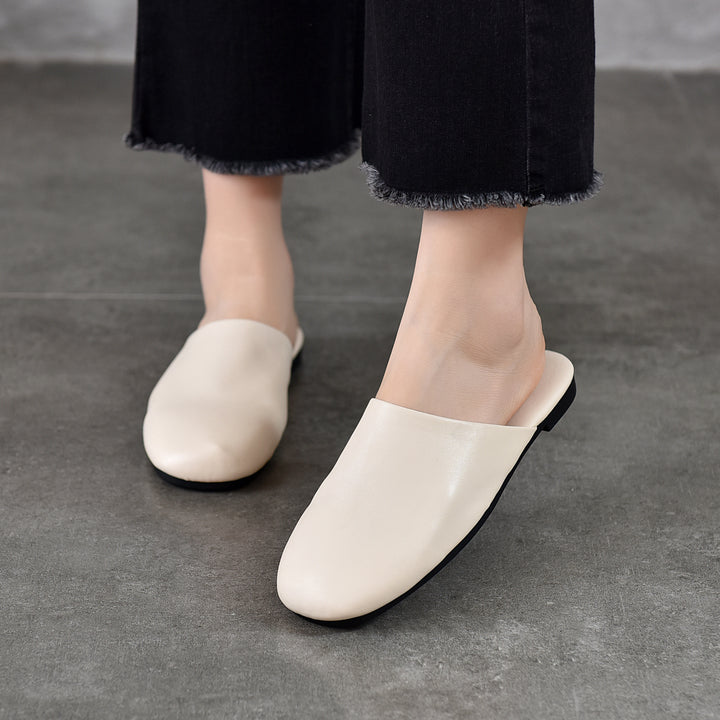 Women's Leather Flat Round-Toe Mules